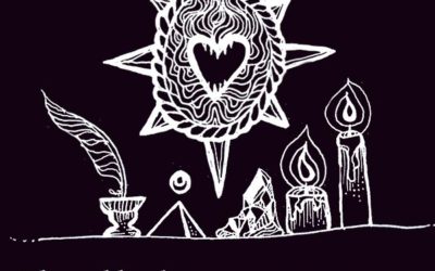 Illustration of an altar, with feather, cup, crystal, two lit candles and a pyramid with orb. Hanging above is a sacred heart wall piece with 8 star points.